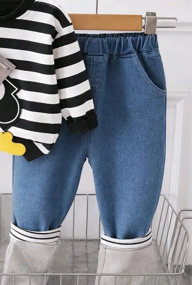 Googo Gaaga Striped SweatShirt with Denim Pant for Boys - Cotton Clothing Set for Baby Boy | Soft Fabric Full Sleeves Sweat Shirt | Regular Fit Kids Outfit | Teddy - 2-3 Y, Black