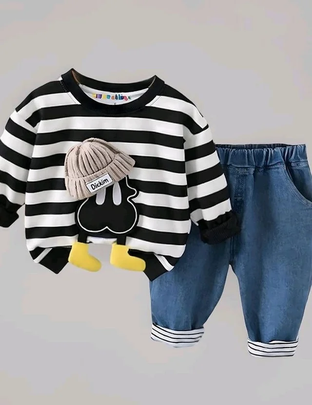 Googo Gaaga Striped SweatShirt with Denim Pant for Boys - Cotton Clothing Set for Baby Boy | Soft Fabric Full Sleeves Sweat Shirt | Regular Fit Kids Outfit | Teddy - 5-6 Y, Black