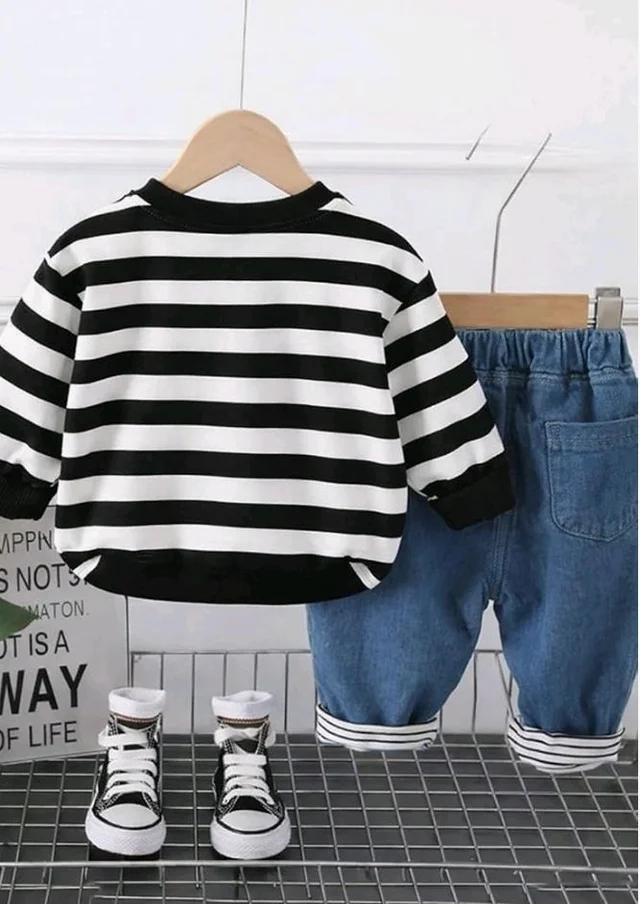 Googo Gaaga Striped SweatShirt with Denim Pant for Boys - Cotton Clothing Set for Baby Boy | Soft Fabric Full Sleeves Sweat Shirt | Regular Fit Kids Outfit | Teddy - 5-6 Y, Black