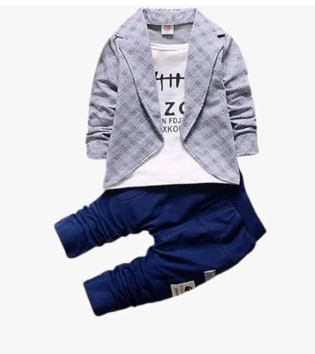 Boys 3-Piece Hosiery Cotton Clothing Set | Printed T-Shirt, Check Blazer & Jogger Pants | Soft & Trendy
- 18-24 M, Grey