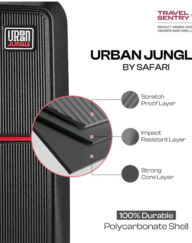 Urban Jungle by Safari Medium, The Caliber (65cm) Trolley, 70L Capacity Hard Sided Polycarbonate Suitcase, TSA Lock, Anti Theft Zipper, 8 Silent Spinner Wheels (Carbon Black)