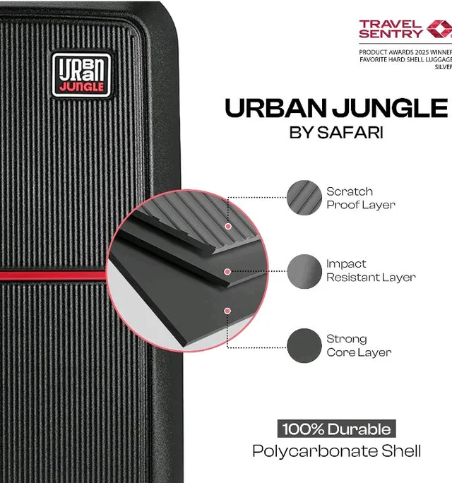 Urban Jungle by Safari Medium, The Caliber (65cm) Trolley, 70L Capacity Hard Sided Polycarbonate Suitcase, TSA Lock, Anti Theft Zipper, 8 Silent Spinner Wheels (Carbon Black)