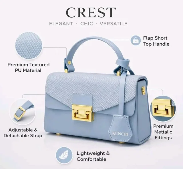 Kunchi CREST Women’s Structured Handbag with Sling Strap | Premium Textured Flap Bag | Elegant Designer Purse for Party, Wedding & Office