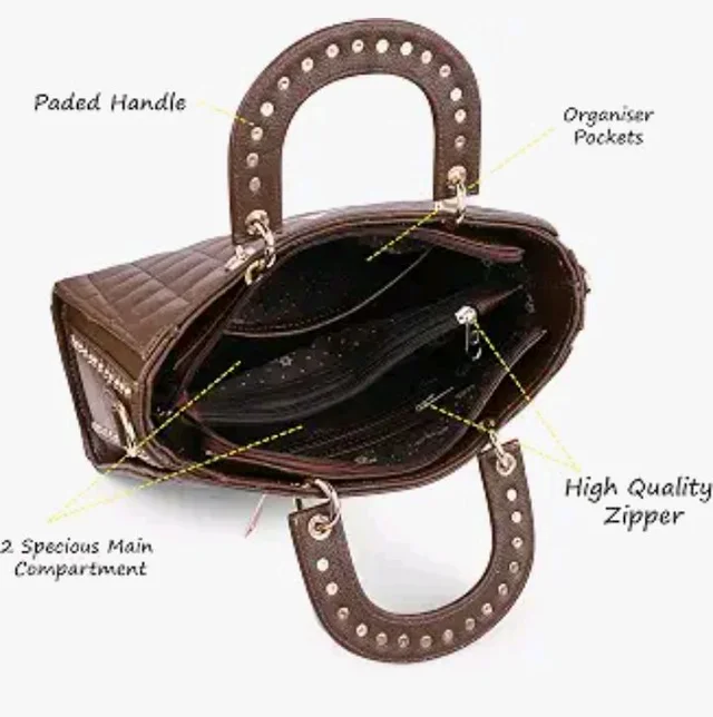 Women,SQuilted Faux Leather Satchel Handbag | Diamond Cut Cross Shoulder & Handheld Bag with Studded Top Handle & Adjustable Sling Strap | Stylish Ladies Purse for Office & Travel