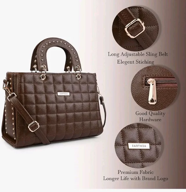 Women,SQuilted Faux Leather Satchel Handbag | Diamond Cut Cross Shoulder & Handheld Bag with Studded Top Handle & Adjustable Sling Strap | Stylish Ladies Purse for Office & Travel