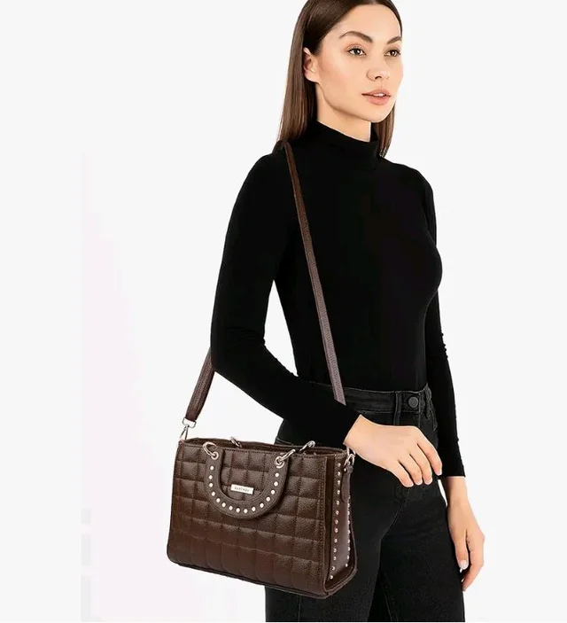 Women,SQuilted Faux Leather Satchel Handbag | Diamond Cut Cross Shoulder & Handheld Bag with Studded Top Handle & Adjustable Sling Strap | Stylish Ladies Purse for Office & Travel