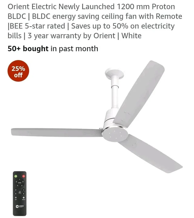 Orient Electric Newly Launched 1200 mm Proton BLDC | BLDC energy saving ceiling fan with Remote |BEE 5-star rated | Saves up to 50% on electricity bills | 3 year warranty by Orient | White - White
