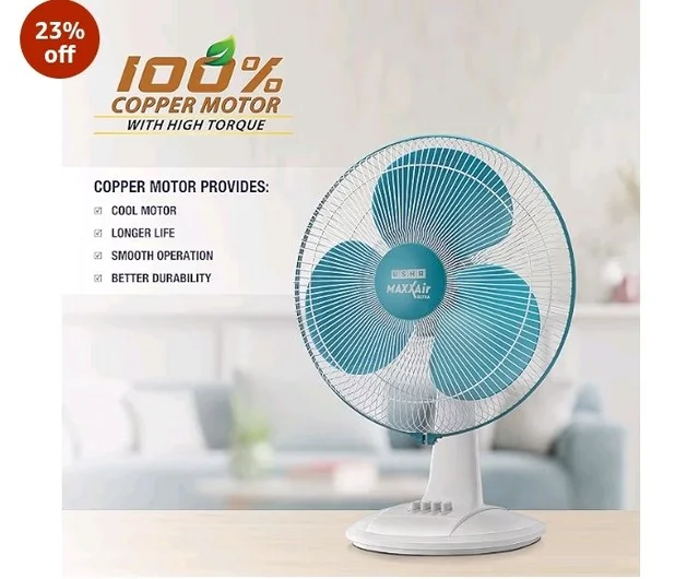 USHA Maxx Air Ultra Table Fan | 400MM Sweep Size | 1350_RPM | Aerodynamic Blade Design for High Air Delivery | Corrosion Protection with Plastic Blades | 3 Speed Settings | Light Blue - Blue
