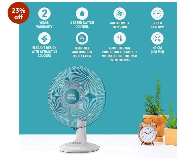 USHA Maxx Air Ultra Table Fan | 400MM Sweep Size | 1350_RPM | Aerodynamic Blade Design for High Air Delivery | Corrosion Protection with Plastic Blades | 3 Speed Settings | Light Blue - Blue