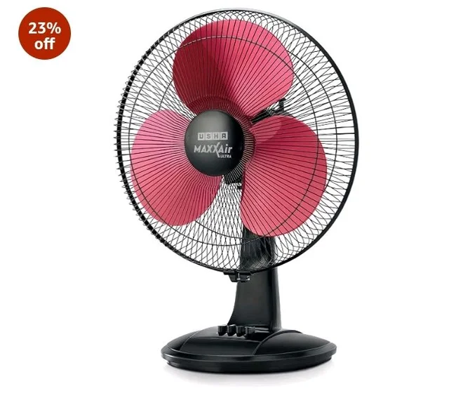 USHA Maxx Air Ultra Table Fan | 400MM Sweep Size | 1350_RPM | Aerodynamic Blade Design for High Air Delivery | Corrosion Protection with Plastic Blades | 3 Speed Settings | 100% Copper Motor| Maroon - Multicolours