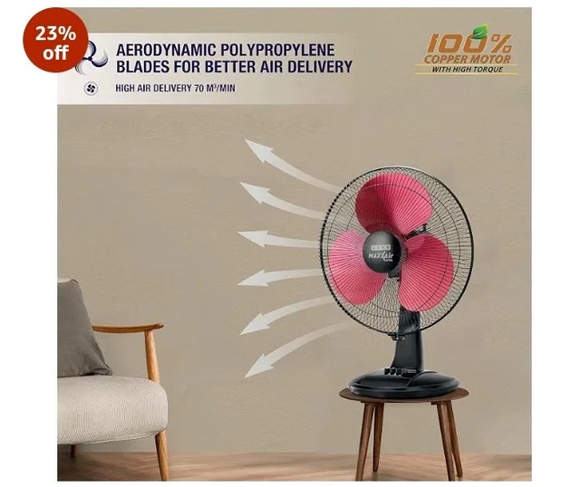USHA Maxx Air Ultra Table Fan | 400MM Sweep Size | 1350_RPM | Aerodynamic Blade Design for High Air Delivery | Corrosion Protection with Plastic Blades | 3 Speed Settings | 100% Copper Motor| Maroon - Multicolours