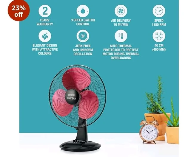 USHA Maxx Air Ultra Table Fan | 400MM Sweep Size | 1350_RPM | Aerodynamic Blade Design for High Air Delivery | Corrosion Protection with Plastic Blades | 3 Speed Settings | 100% Copper Motor| Maroon - Multicolours