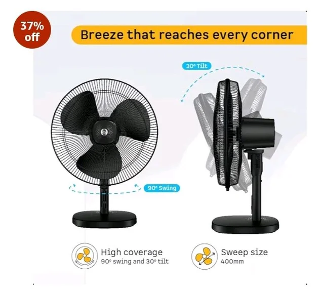 atomberg Renesa 400mm Table Fan | Ideal for Home & Office | Silent BLDC | High Air Delivery | 6 Speeds | 35W | Remote with Oscillation, Timer, Sleep | Easy to Clean | 2 Years Warranty (Black) - Midnight black