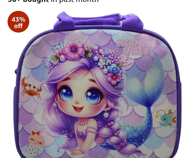 AseraPolycotton Insulated Lunch Bag for Kids, Tiffin Bag for Office/College/School, Lightweight, Durable Handles, Multiple Pockets (Mermaid 1 Pc), 1 Litre