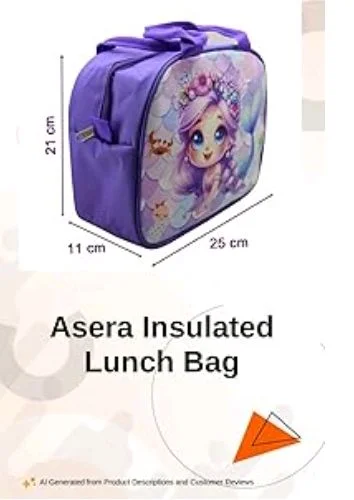 AseraPolycotton Insulated Lunch Bag for Kids, Tiffin Bag for Office/College/School, Lightweight, Durable Handles, Multiple Pockets (Mermaid 1 Pc), 1 Litre