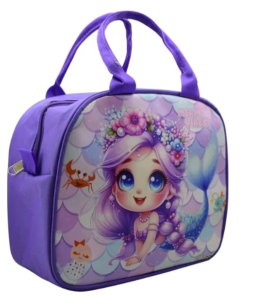AseraPolycotton Insulated Lunch Bag for Kids, Tiffin Bag for Office/College/School, Lightweight, Durable Handles, Multiple Pockets (Mermaid 1 Pc), 1 Litre