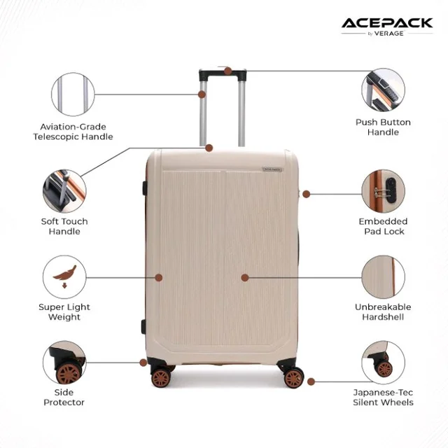 ACEPACK by Verage Megatron Pro Hard Side Polypropylene Luggage Medium Check in 74L | Lightweight Unbreakable Suitcase Set with 360° Silent Spinner Wheels, Number Lock & Telescopic Handle