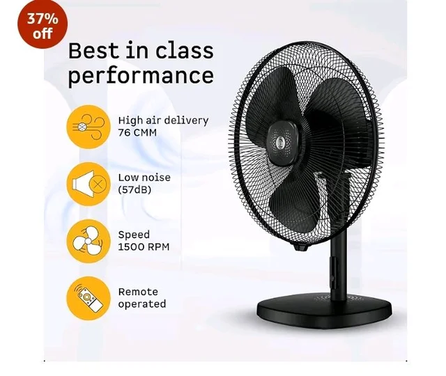 atomberg Renesa 400mm Table Fan | Ideal for Home & Office | Silent BLDC | High Air Delivery | 6 Speeds | 35W | Remote with Oscillation, Timer, Sleep | Easy to Clean | 2 Years Warranty (Black) - Midnight black