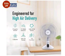 KUHL Inspira T1 400Mm Power Saving BLDC Table Fan With Remote | 28 W | Touch Screen Control Panel With Digital Display | Tilt Mechanism & Swivel Function | Table Fan| High Air Flow & Low Noise,White
33%
off