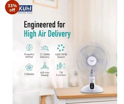 KUHL Inspira T1 400Mm Power Saving BLDC Table Fan With Remote | 28 W | Touch Screen Control Panel With Digital Display | Tilt Mechanism & Swivel Function | Table Fan| High Air Flow & Low Noise,White