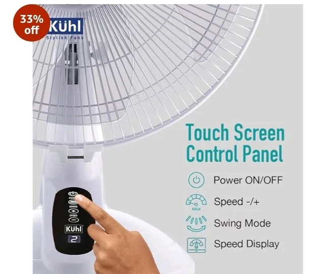 KUHL Inspira T1 400Mm Power Saving BLDC Table Fan With Remote | 28 W | Touch Screen Control Panel With Digital Display | Tilt Mechanism & Swivel Function | Table Fan| High Air Flow & Low Noise,White