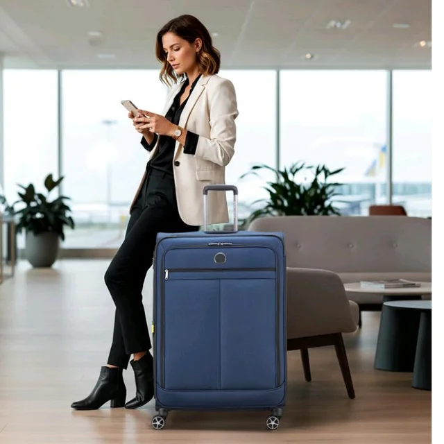 DELSEY PARIS Priscilla 82 cms Large Check-in Polyester Soft Sided 8 Wheels and Expandable Spinner Suitcase/Trolley Bag for Travel with TSA Lock- Blue