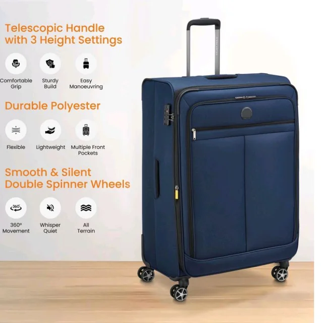 DELSEY PARIS Priscilla 82 cms Large Check-in Polyester Soft Sided 8 Wheels and Expandable Spinner Suitcase/Trolley Bag for Travel with TSA Lock- Blue