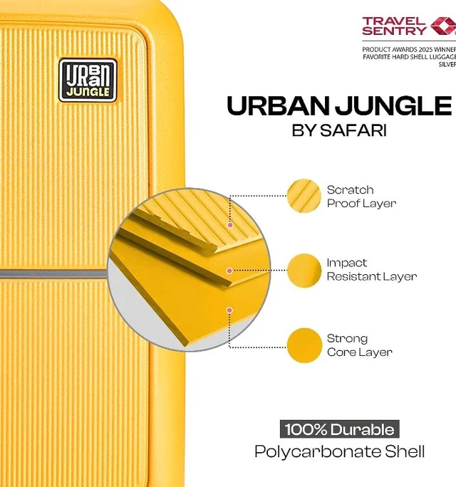 Urban Jungle Polycarbonate 360 Degree by Safari, Premium Medium(65 Cm) Trolley Bag, Check-in Suitcase with 8 Silent Wheel and TSA Lock, Hardside Travelling Luggage for Both Unisex (Yellow)