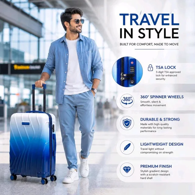 Waves 66 cm Check-in Polycarbonate Trolley Bag for Travel | Hard Shell with 8 Spinner Wheels | Lightweight & Durable Luggage | 360° Spinner | Water Repellent Suitcase - Ocean Blue