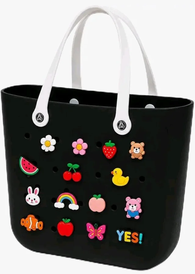 Kid's Eva Tote Bag with 12 Charms, black, Lightweight, Waterproof, 32 * 32 * 14 cm, for Beach, Travel and Everyday Use(Random Colour)