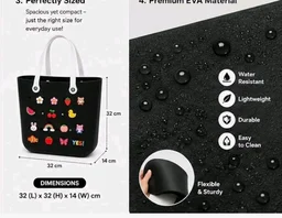 Kid's Eva Tote Bag with 12 Charms, black, Lightweight, Waterproof, 32 * 32 * 14 cm, for Beach, Travel and Everyday Use(Random Colour)