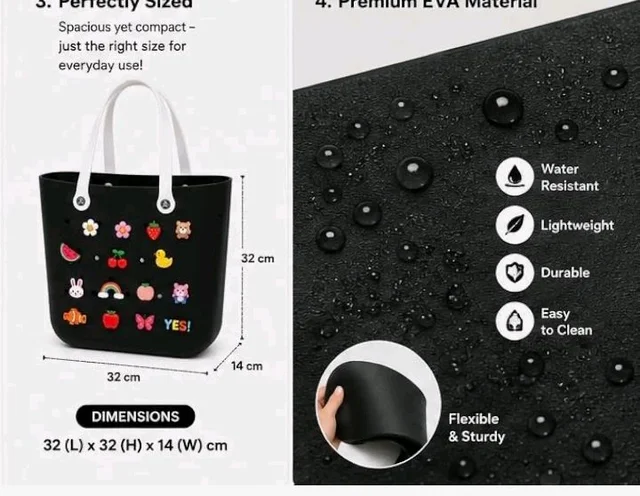Kid's Eva Tote Bag with 12 Charms, black, Lightweight, Waterproof, 32 * 32 * 14 cm, for Beach, Travel and Everyday Use(Random Colour)