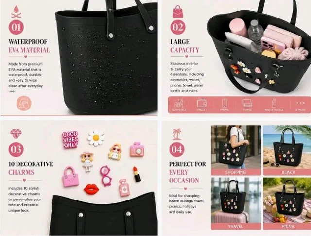 Kid's Eva Tote Bag with 12 Charms, black, Lightweight, Waterproof, 32 * 32 * 14 cm, for Beach, Travel and Everyday Use(Random Colour)