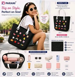 Kid's Eva Tote Bag with 12 Charms, black, Lightweight, Waterproof, 32 * 32 * 14 cm, for Beach, Travel and Everyday Use(Random Colour)