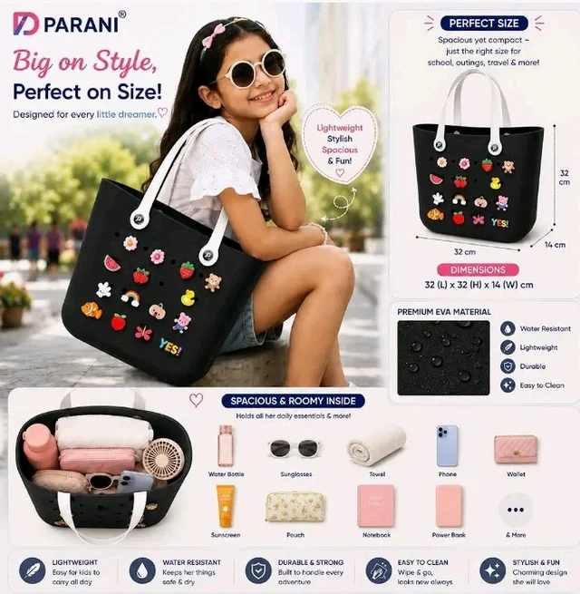 Kid's Eva Tote Bag with 12 Charms, black, Lightweight, Waterproof, 32 * 32 * 14 cm, for Beach, Travel and Everyday Use(Random Colour)