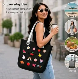 Kid's Eva Tote Bag with 12 Charms, black, Lightweight, Waterproof, 32 * 32 * 14 cm, for Beach, Travel and Everyday Use(Random Colour)
