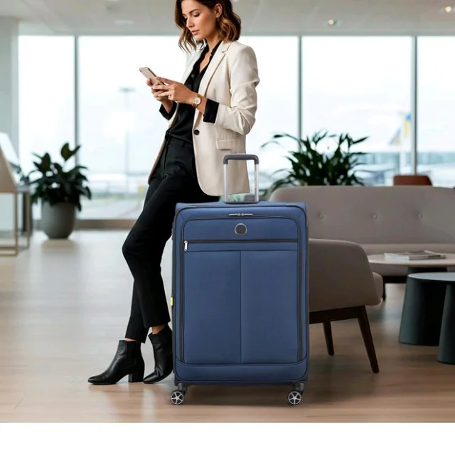 DELSEY PARIS Priscilla 82 cms Large Check-in Polyester Soft Sided 8 Wheels and Expandable Spinner Suitcase/Trolley Bag for Travel with TSA Lock- Blue