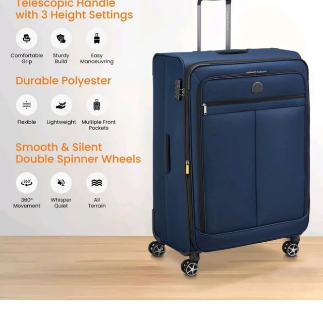 DELSEY PARIS Priscilla 82 cms Large Check-in Polyester Soft Sided 8 Wheels and Expandable Spinner Suitcase/Trolley Bag for Travel with TSA Lock- Blue