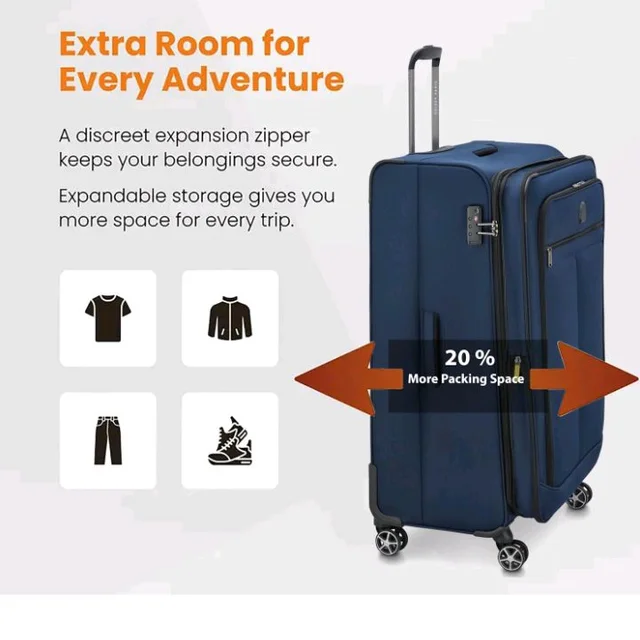 DELSEY PARIS Priscilla 82 cms Large Check-in Polyester Soft Sided 8 Wheels and Expandable Spinner Suitcase/Trolley Bag for Travel with TSA Lock- Blue