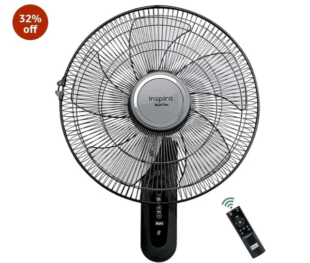 KUHL Inspira W1 400mm Power Saving BLDC Wall Fan with Remote | 28 W | Touch Screen Control Panel with Digital Display | Tilt Mechanism & Swivel Function | Wall Mount | High Air Flow & Low Noise|Black - Black