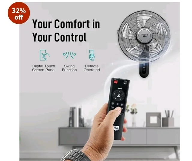 KUHL Inspira W1 400mm Power Saving BLDC Wall Fan with Remote | 28 W | Touch Screen Control Panel with Digital Display | Tilt Mechanism & Swivel Function | Wall Mount | High Air Flow & Low Noise|Black - Black
