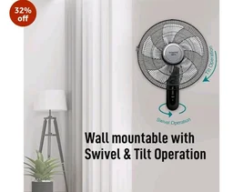 KUHL Inspira W1 400mm Power Saving BLDC Wall Fan with Remote | 28 W | Touch Screen Control Panel with Digital Display | Tilt Mechanism & Swivel Function | Wall Mount | High Air Flow & Low Noise|Black - Black