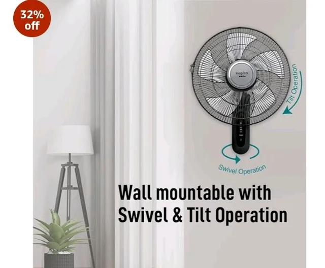 KUHL Inspira W1 400mm Power Saving BLDC Wall Fan with Remote | 28 W | Touch Screen Control Panel with Digital Display | Tilt Mechanism & Swivel Function | Wall Mount | High Air Flow & Low Noise|Black - Black