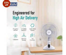 KUHL Inspira T1 400Mm Power Saving BLDC Table Fan With Remote | 28 W | Touch Screen Control Panel With Digital Display | Tilt Mechanism & Swivel Function | Table Fan| High Air Flow & Low Noise,White