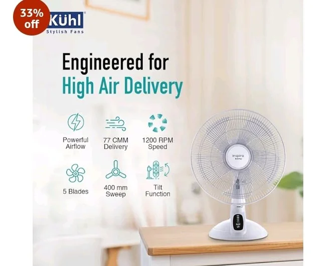 KUHL Inspira T1 400Mm Power Saving BLDC Table Fan With Remote | 28 W | Touch Screen Control Panel With Digital Display | Tilt Mechanism & Swivel Function | Table Fan| High Air Flow & Low Noise,White