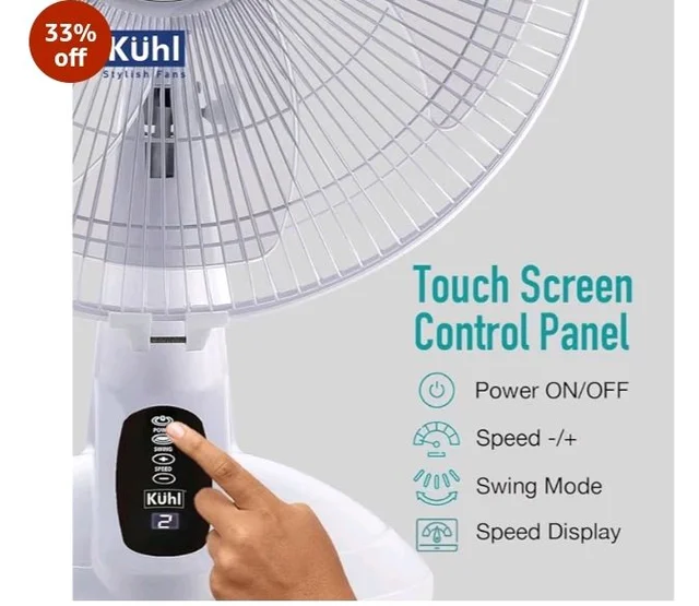 KUHL Inspira T1 400Mm Power Saving BLDC Table Fan With Remote | 28 W | Touch Screen Control Panel With Digital Display | Tilt Mechanism & Swivel Function | Table Fan| High Air Flow & Low Noise,White