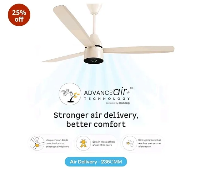 atomberg Renesa Enzel 1200mm BLDC Ceiling Fan with Remote | 5 star | Advance Air+ Technology | LED Speed Indicator | Low Noise | Sleek Design | Power Saving | 3 Year Warranty | Seasand Ivory