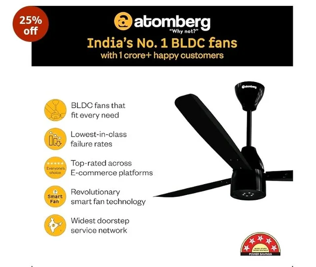 atomberg Renesa Enzel 1200mm BLDC Ceiling Fan with Remote | 5 star | Advance Air+ Technology | LED Speed Indicator | Low Noise | Sleek Design | Power Saving | 3 Year Warranty | Gloss Black