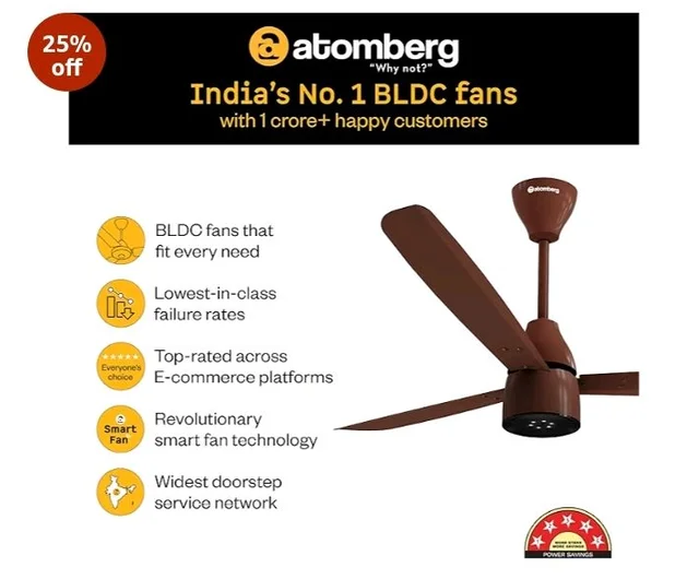 atomberg Renesa Enzel 1200mm BLDC Ceiling Fan with Remote | 5 star | Advance Air+ Technology | LED Speed Indicator | Low Noise | Sleek Design | Power Saving | 3 Year Warranty | Gloss Brown
