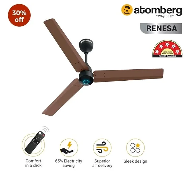 atomberg Renesa 1200mm BLDC Ceiling Fan with Remote Control | BEE 5 star Rated Energy Efficient Ceiling Fan | High Air Delivery with LED Indicators | 3 Year Warranty (Brown & Black)